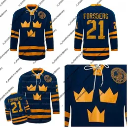 #21 Peter Forsberg Jersey 팀 스웨덴 아이스 하키 유니폼 자수 100% 스티지 블루 커스텀 이름 번호
