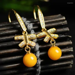 Dangle Earrings 925 Silver Inlaid Natural Genuine Honey Wax Ball Drop Amber Egg Face Jade Butterfly Earringearrings Embellishment Women