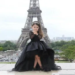 Black Lace Flower Girls Dresses For Weddings Jewel Neck Princess Satin High Low Little Girls Pageant Dresses With Bow