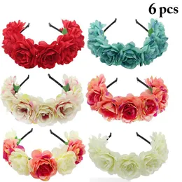 Headpieces 6Pcs/Set Fashion Sweet Women Bride Flowers Headband Mexican Style Rose Flower Crown Hairband Ladies Girls Beach Hair Accessories