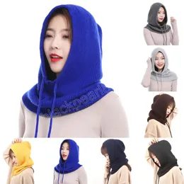 Winter Women Knitted Cashmere Hooded Neck Collar Cap Head Drawstring Thick Scarf Hat Female Solid Warm Adjustable Elastic Hat