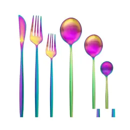 Zestawy naczyń obiadowych 24pcs Rainbow Flatware 304 Zestaw stolika ze stali nierdzewnej Mat Mat Tutlery Desser Fork Spoon Sierware Kitchen Drop Deli Dhfe6