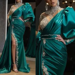 Modern Hunter Satin Mermaid Evening Dresses With Long Sleeves Sexy Side Split Illusion High Collar Formal Party Gowns Glitter Arabic Prom Pageant Outfit 2023