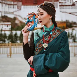 Etniska kläder tibetanska mantel kvinnor broderi race prinsessan scen show klänning traditionell guozhuang dansrockar klänning nationella stil kostymer