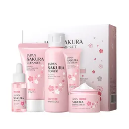Sakura Skin Care Set Oil Control Face Cleanser Nährendes Gesichtsserum Gesichtscreme Verblassen Augenringe Augencreme Gesichtspflegeprodukte 5 Stück/Set