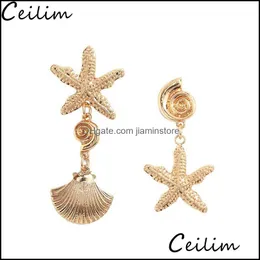 Dangle Chandelier Bohemian Asymmetry Shell Drop Earrings For Women Party Statement Starfish Gold Color Metal Summer Bride Jewelry D Otonj