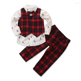 Kleidung Sets Herbst Junge Gentleman Set Weiße Bluse Plaid Weste Hosen Anzüge Für Kinder 3 stücke