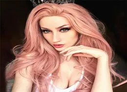 24 tum Big Curly Synthetic Wig Pink Color High Temperatur Fiber Pelucas Simulation Human Hair Wigs Wig1393225515