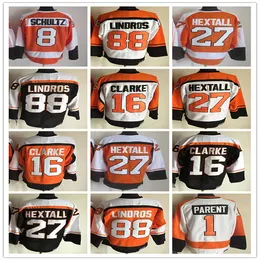 男性ccmヴィンテージホッケー ''nhl''jerseys 88エリックリンドロス16ボビークラーク27ロンヘクストール1バーニーの親8デイブシュルツステッチレトロユニフォームブラックオレンジホワイト代替