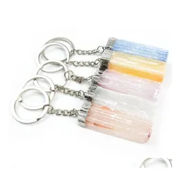 Keychains Lanyards Natural Crystal Stone Key Chains Rock Mineral Pendm Dangle Rings Clasp Yellow White Pink Gypsum Selenite Quartz Otvnh