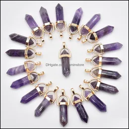 Charms Natural Stone Amethyst Hexagonal Healing Reiki Point Pendants For Jewelry Making Jiaminstore Drop Delivery Findings Components Dhn0B