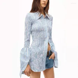 Women's Blouses Brand Wrinkle Designer Blue Striped Shirt Slim Lapel Single Broken Tops Poplin Luxury Fashion Women Fall 2022