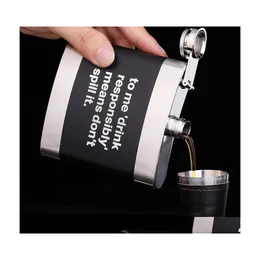 Hip Flasks Laser English Letter Flask 6Oz Black Stainless Steel Metal Liquor Bottle Square Whiskey Flagon Alcohol Bottles Gift Drop Dhek8