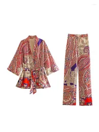 Frauen Blusen Frauen 2022 Mode Gürtel Gedruckt Kimono Stil Oberbekleidung Vintage Langarm Weibliche Chic Oberhemd