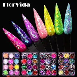 Kit Nail Art FlorVida 12pcs Set Glitter Paillettes Polvere Olografica Fiocchi Misti Per Unghie Design Decorazioni Manicure Kit Una Dozzina243i