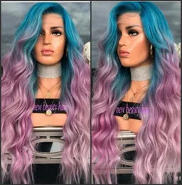 Nieuwe mode peruca Cabelo Deep Long Body Wave Hair Wigs Celebrity Style Blue Ombre Pink Purple Synthetic Lace Front Pruik voor vrouwen7430514