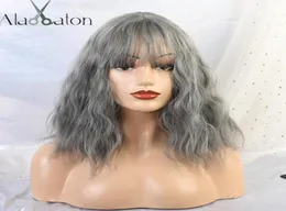 Alan Eaton Short Water Wave Synthetic Hair Wig For Women Heat Motent Fiber Bobo Hair Lolita Blue Ash Cosplay Wigs With Bangs1898478