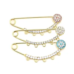 6.7CM Gold /Silver Plated Rhinestone Safety Pins Brooches For Newborn Crystal Hijab Scarf Turkey Evil Eye Baby Pin With 6 Loops For DIY Jewelry Making