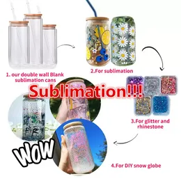 12oz 16oz 20oz Sublimation Mugs Double Wall Glass Can Glitter Blank Glass Tumblers with Bamboo Lids Beer Juice Glasses Cup Fast Delivery ss1216