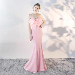 Casual Dresses For Weddings Woman Guest Prom Evening Ball Gown Vintage Mermaid Bow Mante Sleeveless Tube Top Solid Pink White Chiffon