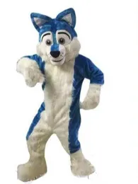 Hög kvalitet Blue Husky Dog Mascot Costume Wolf Fox Fancy Party Dress Halloween Kostymer Vuxenstorlek