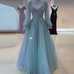 Turquoise A-Line Prom Dresses Beaded Muslim Evening Gown With Long Sleeve Sequin Tiered Tulle Floor Length vestido de noche