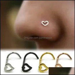Nose Rings Studs Love Heart Stainless Steel Body Piercing Jewelry Bent Angle Punk For Men Women Drop Delivery Otlnl