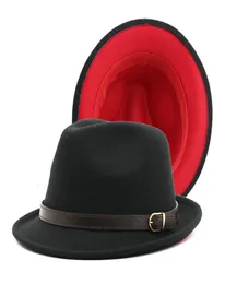 2022 Новый короткий красный красный красный лоскутный джазовый федора шляпа с поясом пряжки женщины Мужчины шерсть Фонама Хомбург Шляпа для вечеринки с свадьбой 5095816