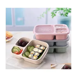 Lunchboxen Taschen 3 Gitter Weizen St Boxen Mikrowelle Bento Lebensmittelqualität Gesundheit Abendessen Box Student Tragbare Obst Snack Aufbewahrungsbehälter V Dh10F