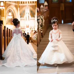 Adorabili abiti da fiore per matrimoni Principessa gioiello maniche lunghe Appliques Grande Bow Sweep Train Little Kids Holy Pageant Dress