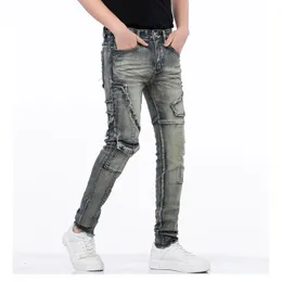 Men's Jeans Mcikkny Men Hip Hop Biker Patchwork Knee Pockets Motorcycle Denim Trousers For Male Straight Strech Fit