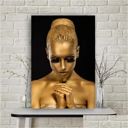 Målningar African Golden Woman Poster Wall Art Canvas Målning Abstrakt Porträttbild HD -tryck för vardagsrum Heminredning CU DHO0X