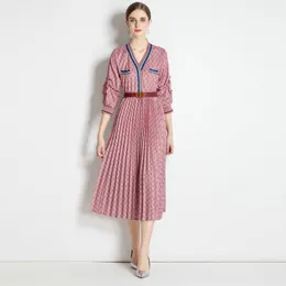 Women Boutique Dress Long Sleeve Printed Dress 2023 Spring Autumn Pleated Dress High-end Temperament Lady V-neck Dresses