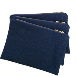 14oz thick denim makeup bag with gold metal zip and true red lining navy blank denim cosmetic bag ship by DHL directly from f2144