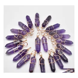 Charms Amethyst Stone Pillar Shape Point Pendum Handmade Gold Color Iron Wire Pendants For Fashion Jewelry Making Wholesale Drop Del Dhbor