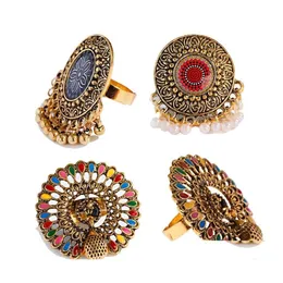 Bandringar vintage guldfärg kvinnor indiska smycken graverad blommönster retro party kvinnlig pärla tassel finger ring stilfull droppe d otd3t