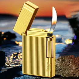 Metal Stripe Windproof Cigarette Pipe Lighter Creative Wheel Butane Gas Lighter Oblique Fire Square Oblique Lighter Smoking Gadgets