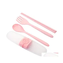 Flatware Sets Wheat St Cutlery Set Fork Spoon Chopsticks Travel Portable Dinnerware Box Outdoor Cam Tableware Dbc Drop Deli Homefavor Dh0Hb