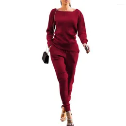 Running Sets 2Pcs Women Ensemble Jogging Femme Autumn Solid Color Ribbed O Neck Top Drawstring Pants Sport Set Tracksuit Chandals Mujer