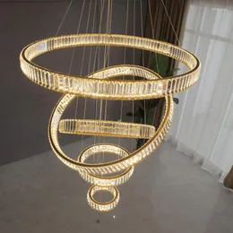 Lampadari Lampadario a LED per scale in cristallo Soggiorno di lusso Villa Hall Ring Light Modern Simple Long