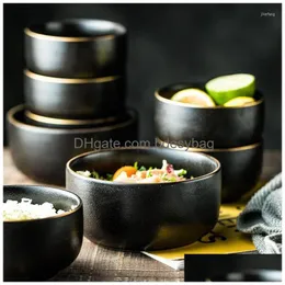 Bowls Frosted Gold Rim Straight Bowl Japanese Eating Household Ceramic Small Ramen Soup Drop Delivery Home Garden Kitchen Dining Bar Dhrmh