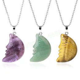 Bohemian Moon Crystal Pendant Necklace Natural Stone Handmade Carved Face Healing Amethysts Tiger Eye Pendants Jewelry