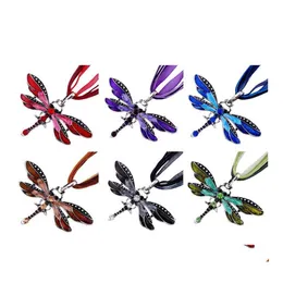 Naszyjniki wiszące vintage Dragonfly Ribbon Naszyjnik fioletowy czerwony zielony kryształowy biżuteria dla kobiet dziewczęta upuszczenie wisie