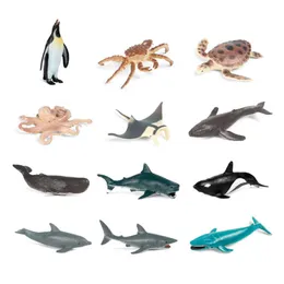 12pcs simulación mini vida marina tiburón ballena pingüino cangrejo cifras de acción de cangrejo vida realista para niños modelos animales de juguete Cart316v