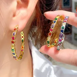 Lüks AAA Kübik Zirkonya Altın Tasarımcı Çember Küpe Kadın Renkli Elmas Kalp Tur Kare 925 Gümüş Post Büyük Küpeler Moda Kadın Lady Jewelry Hediye