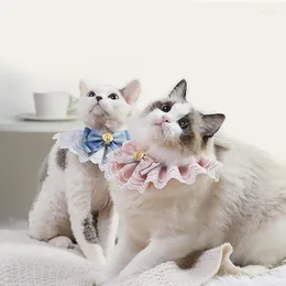 개 의류 원본 디자인 핑크 격자 무늬 리본 보우 티 오간자면 거즈 목걸이 턱받이 고양이 액세서리 특별 새끼 고양이 애완 동물 제품