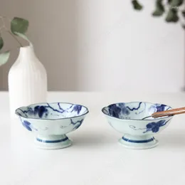 Schüsseln, japanische blaue und weiße hochfüßige Blumenform, verschmierte Unterglasur-Keramik-Salatschüssel, Couchtisch, Desktop-Obsttablett