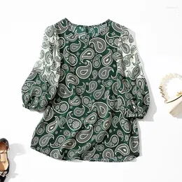 Женские блузки Женская блузка из крепдешинового шелка, лето 2022, мода высокого качества с принтом, круглый вырез, рукава три четверти, свободные топы