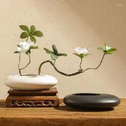 Vaser japansk zen kreativ ffat oval vasblommor konstupps￤ttning te rum levande mjuka dekoration ornament