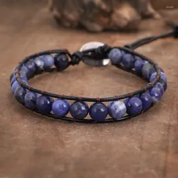 Charm Bracelets Natural Sodalite Stone Bracelet For Women Handmade Leather Wrapped Ethnic Weaving Blue Beads Jewelry